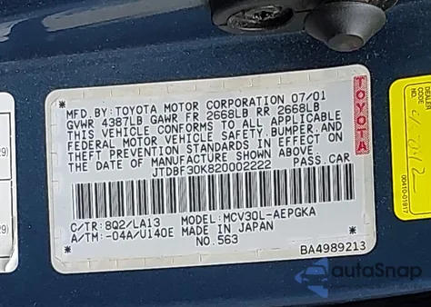 2002 Toyota Camry Xle V6 z USA, uszkodzony, nr VIN JTDBF30K820002222